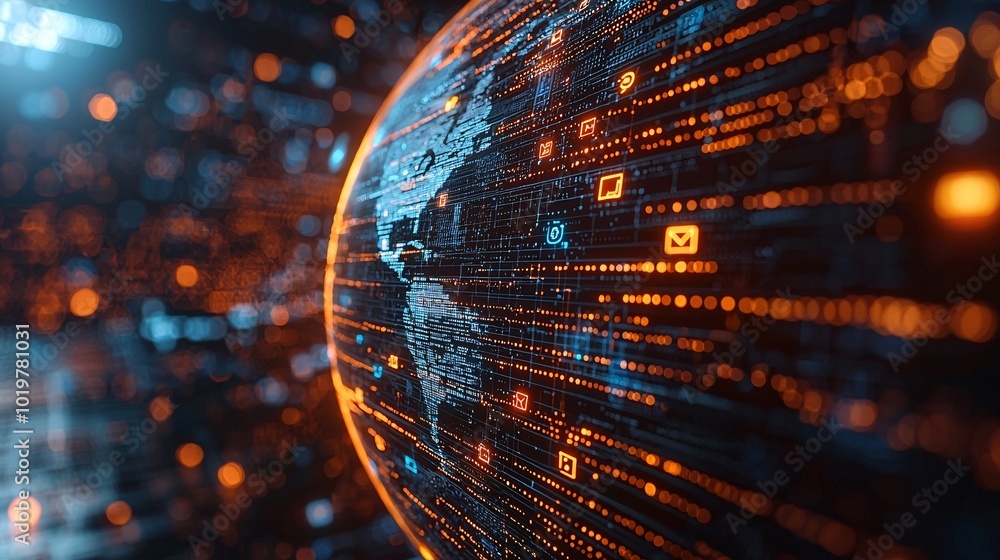 Poster global network technology concept with digital world map and data flow