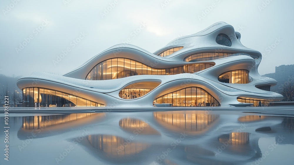 Poster Modern White Wave Like Architecture with Reflective Pool