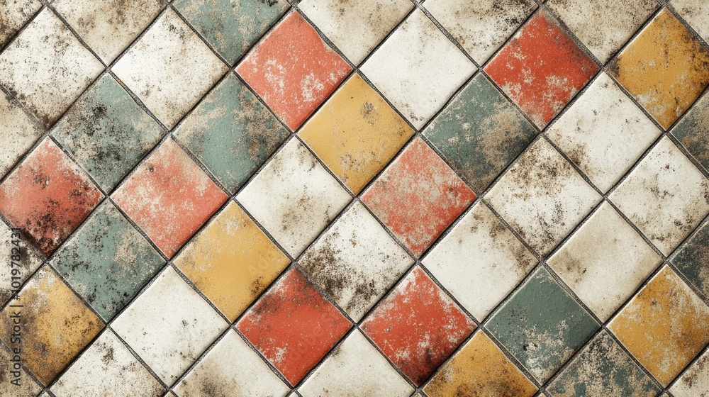 Poster grungy diamond tile mosaic with bold retro colors, highlighting a vintage and abstract style. concep