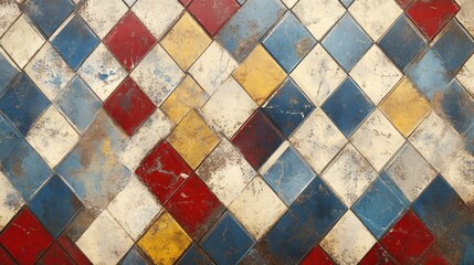 Grunge textured diamond tile pattern with red, yellow, blue, and white colors, evoking a retro mosaic design. Concept of abstract backgrounds and vintage style.