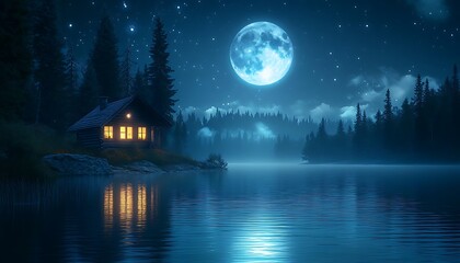 Fototapeta premium Serene Lake View with Cozy House and Full Moon
