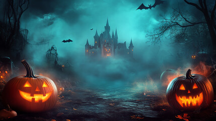 Naklejka premium A spooky Halloween scene featuring glowing pumpkins, a haunted castle, and a misty atmosphere filled with bats.