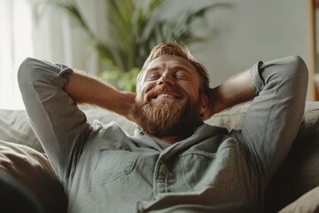 Obraz premium Relaxed Man with Beard Smiling on a Couch