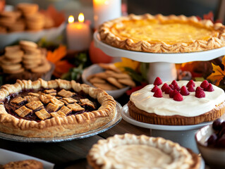 A Thanksgiving dessert table filled with homemade pies, cookies, and cakes, decorated with autumn leaves and candles.