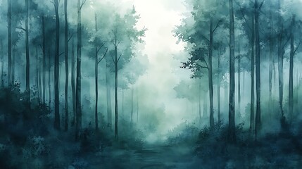 Obraz premium Tranquil Forest Scene in Cool Watercolor Tones