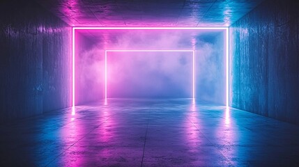 Neon Lights and Smoke in Concrete Room Futuristic Background 3D Render