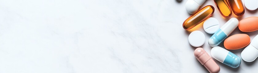 Various colorful pills and capsules on a white background. Pharmaceutical concept with copy space for healthcare and medicine topics.