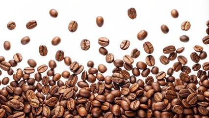 Obraz premium Fresh coffee beans falling on a white background , coffee, beans, fresh, falling, background, espresso, morning, aroma, caffeine