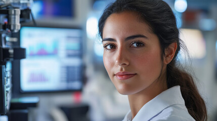 Fototapeta premium Professional Woman in Lab Coat Engaged in Scientific Research with Advanced Technology