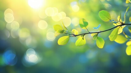 Obraz premium Lush green plant branch with a soft, dreamy bokeh effect in the background, capturing the peaceful essence of nature and renewal.