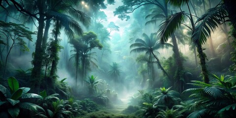 Scary scene in jungle with mist and eerie shadows, jungle, dark, spooky, misty, terrifying, trees, foliage, shadows