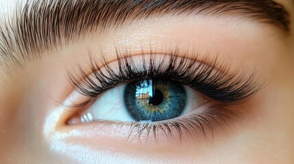 Fototapeta premium Macro shot of a blue eye with perfectly long lashes, smooth skin, and on-point brows. Ideal for showcasing eyelash extensions and good vision.