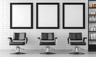 Blank frames for hair salon branding on white brick wall