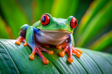 Fototapeta premium Red-eyed tree frog closeup on green leaves, Red-eyed tree frog (Agalychnis callidryas) closeup, Exotic animal of rain forest