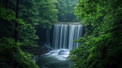 Majestic waterfall framed by lush green trees, offering a serene and tropical landscape.