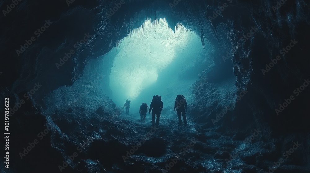 Poster divers exploring a submerged cave with stunning light effects.