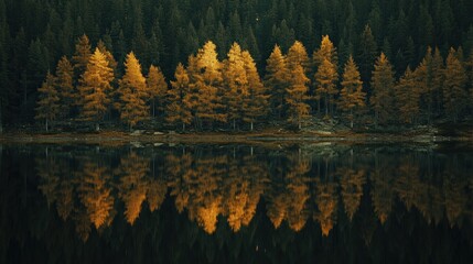 Obraz premium A peaceful cinematic view of a forest reflected perfectly in a calm lake, with soft light from the setting sun casting a golden hue on both the trees and their mirrored reflection