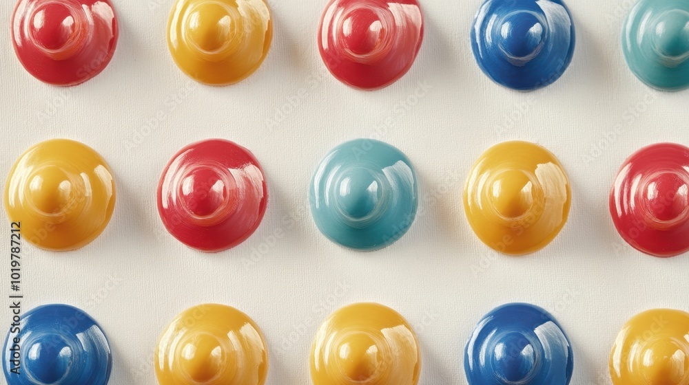 Poster multicolored polka dots arranged on a white canvas, capturing a playful and artistic design concept.