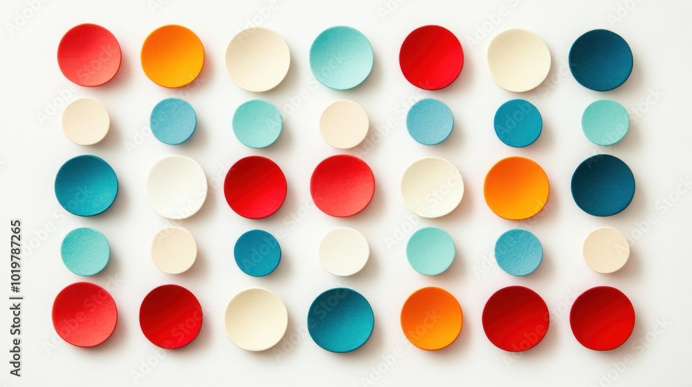 Poster multicolored polka dots arranged on a white canvas, capturing a playful and artistic design concept.