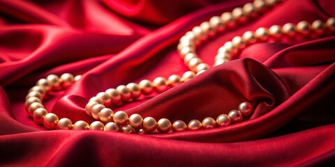 Obraz premium Silky red fabric draped gracefully with soft golden light illuminating pearls, Red, Fabric, Draped, Graceful, Soft