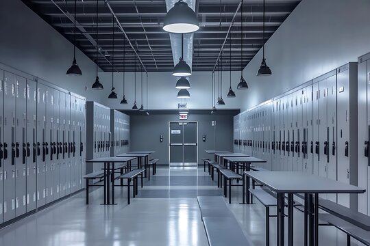 Clean Interior Space With Lockers Benches And Tables