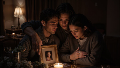Three mourners gathering around a photo, somber mood, remembering loved one, candlelight setting
