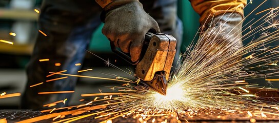 worker using an angle grinder to cut metal in the workshop, sparks flying around them as they work on high-tech equipment and tools
