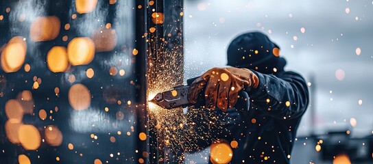 worker using an angle grinder to cut metal in the workshop, sparks flying around them as they work on high-tech equipment and tools