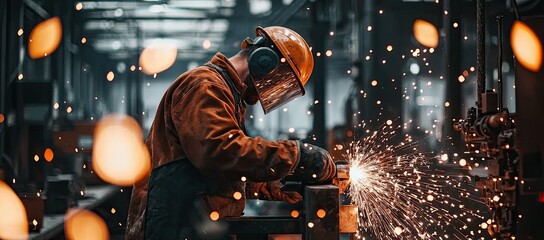 worker using an angle grinder to cut metal in the workshop, sparks flying around them as they work on high-tech equipment and tools