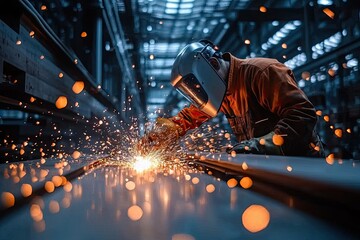 worker using an angle grinder to cut metal in the workshop, sparks flying around them as they work on high-tech equipment and tools