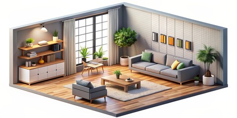 Isometric living room with modern interior design ,  rendering, open space, spacious, contemporary, furniture, decor