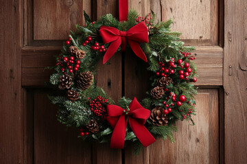 A beautifully decorated Christmas wreath hanging on a rustic wooden door, with a mix of greenery, red berries, pine cones, and a bright red ribbon.