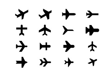 Airplane Icons Set, Black airplane icons. Set of black Plane and Jet silhouette icon, Black airplane icon collection with different angles.