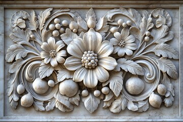 Intricate floral carving in marble, with delicate leaves, flowers and fruit.
