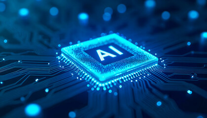 Glowing AI Chip on a Circuit Board