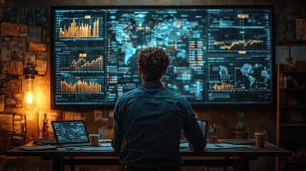Obraz premium Person analyzing data on multiple screens in a tech environment.
