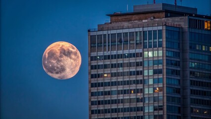 The moon shining brightly next to a tall building, moon, building, night, urban, cityscape, architecture, celestial