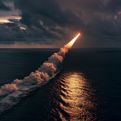 Aerial Perspective of Naval Military Strike: Warship Missile Launch towards Distant Target Amid Dark Sky and Ocean, Highlighting Strike Power and Precision