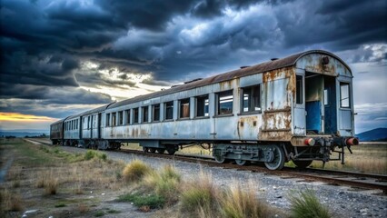 Obraz premium Old abandoned train in a desolate setting , vintage, rusted, railroad, transportation, decay, forgotten, industrial, tracks