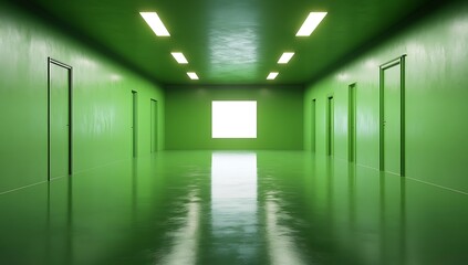 Obraz premium Green Room Abstract Perspective Empty Reflective Corridor