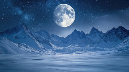 Full moon shining over snowy mountains with a starry night sky
