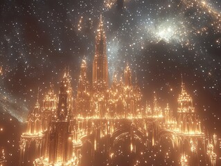 Stunning Virtual Palace in Deep Space: Illuminated Light Lines Perfect for Sci-Fi Interior Decor or as a Captivating Sports-Themed Poster Against a Starry Backdrop.