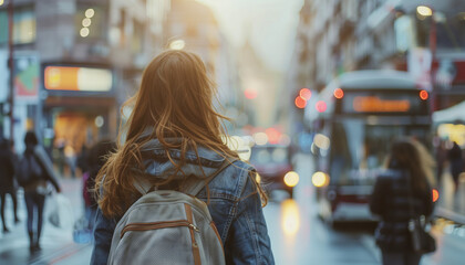 Obraz premium Young Woman Exploring Bustling City Street at Sunset with Backpack - Perfect for Travel Blogs and Adventure Guides