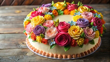 Cake decorated with intricate icing roses and various colorful flowers, cake, roses, flowers, floral, decoration, dessert