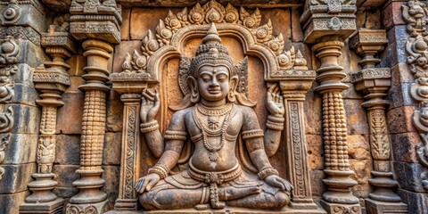 Fototapeta premium Bas-relief carving of Vishnu inside Prasat Kravan temple, Bas-relief, Vishnu, carving, sculpture, ancient, temple