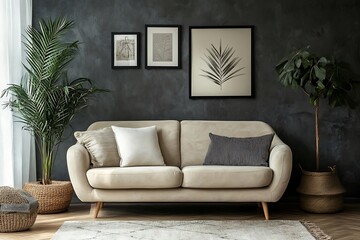Contemporary Living Room with Beige Couch and Black Frames