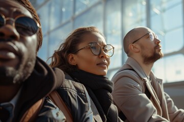 Group of diverse business professionals traveling together for a corporate meeting in a modern urban setting