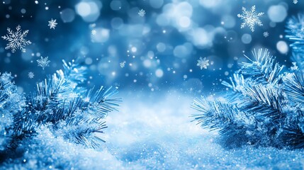Festive christmas background with delicate snowflakes on a winter blue snowy backdrop