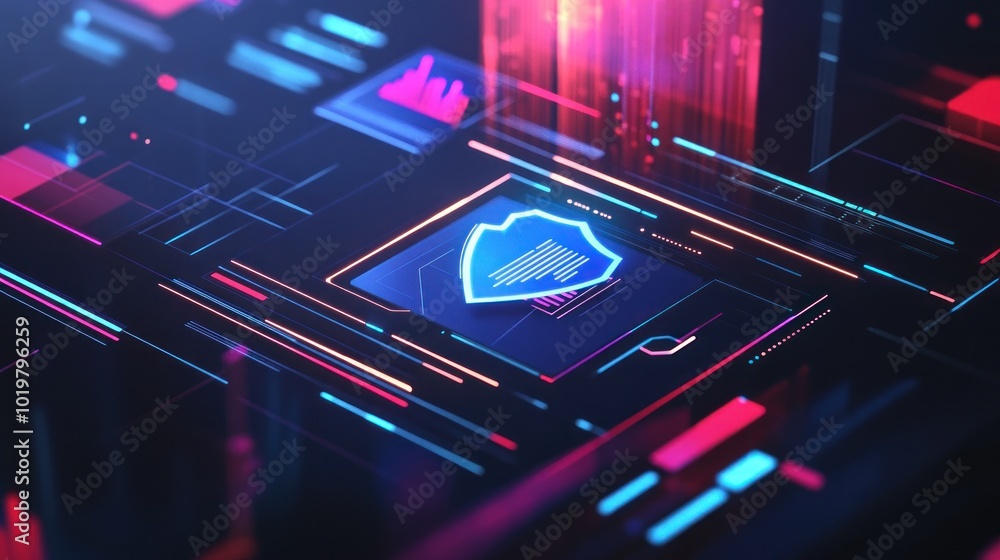 Poster cybersecurity shield on digital interface