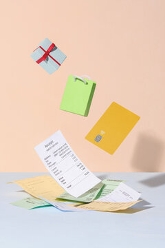 Shopping Receipts, Credit Card, Gift Box And Shopping Bag Floating
